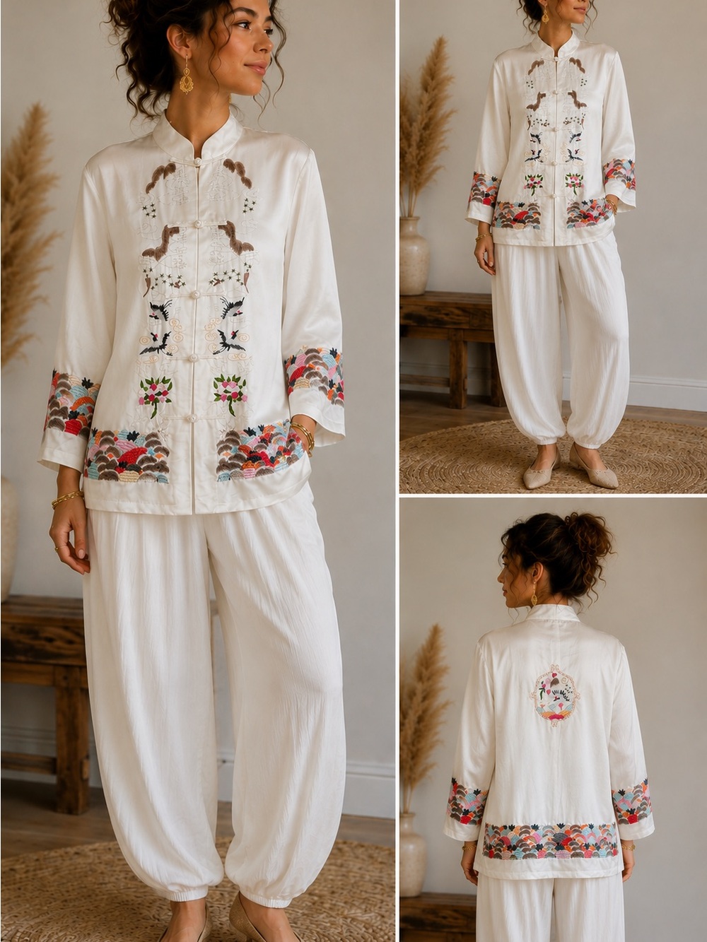 Embroidered Mandarin Collar Jacket | Boho Asian Inspired | White Floral Blazer